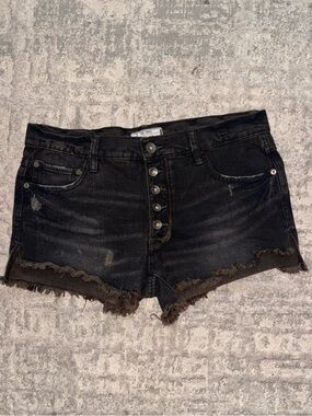 Free People Black Distressed Button-Front Denim Shorts